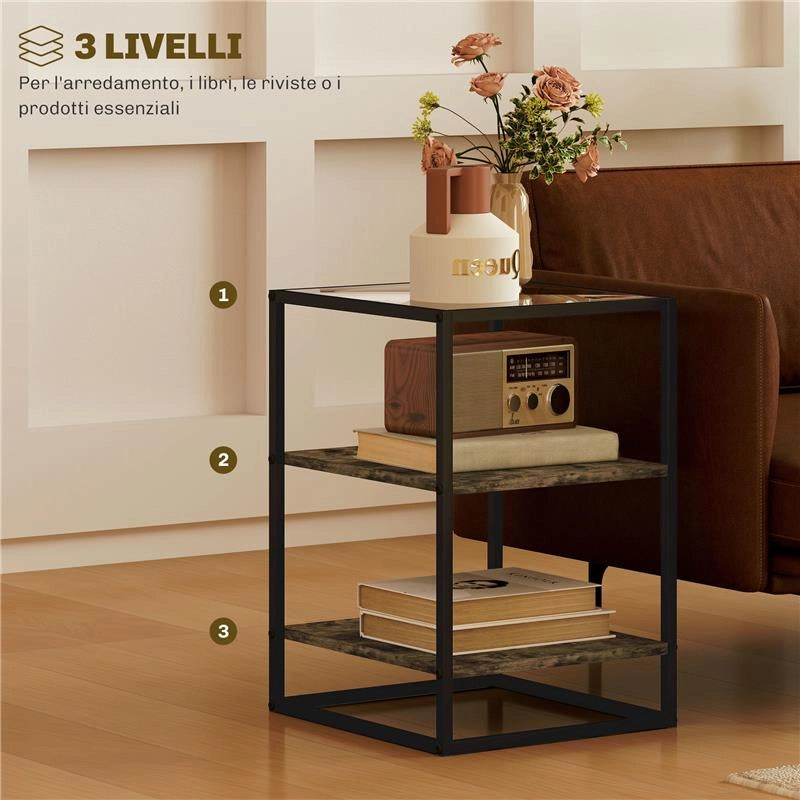 SET 2 TAVOLINI DA SOGGIORNO A 3 LIVELLI IN LEGNO E METALLO CON PIANO IN VETRO TEMPERATO 37X40X55.5 CM MARRONE