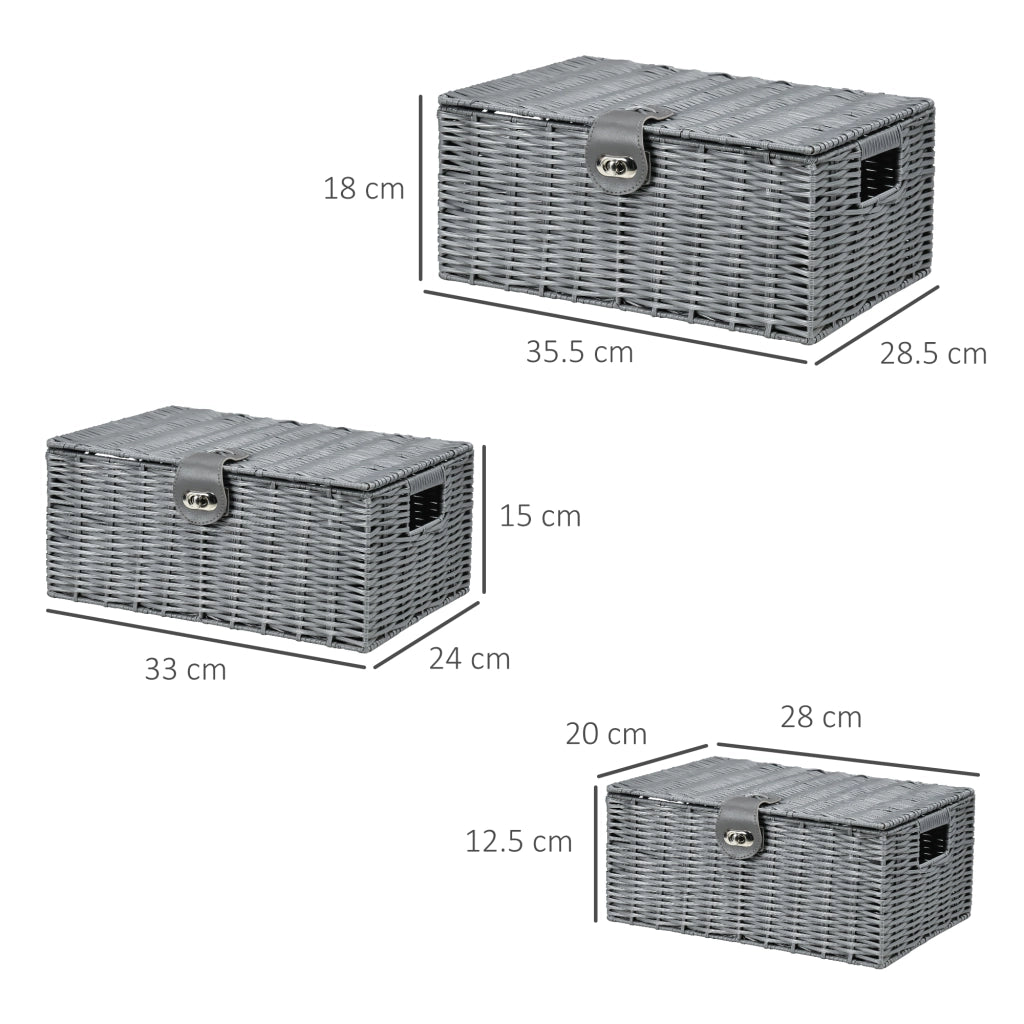 EasyComfort Set di 3 Cesti in Vimini PP con Coperchio di Diverse Dimensioni, Grigio