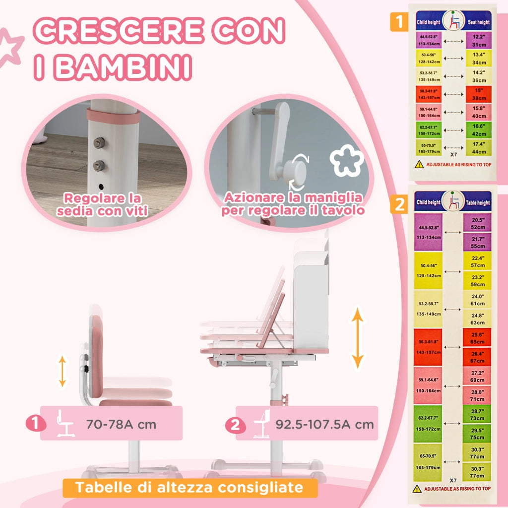 Scrivania Regolabile per Bambini con Sedia, Cassetto e Scaffale ¨C Minimal ¨C Rosa