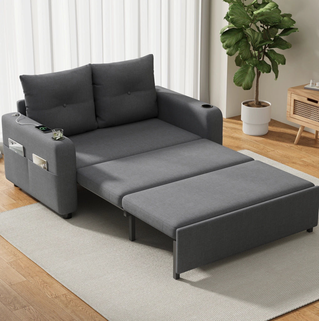 Divano letto 2 posti multifunzione 131 cm con porta bicchieri; USB e Type-C; grigio