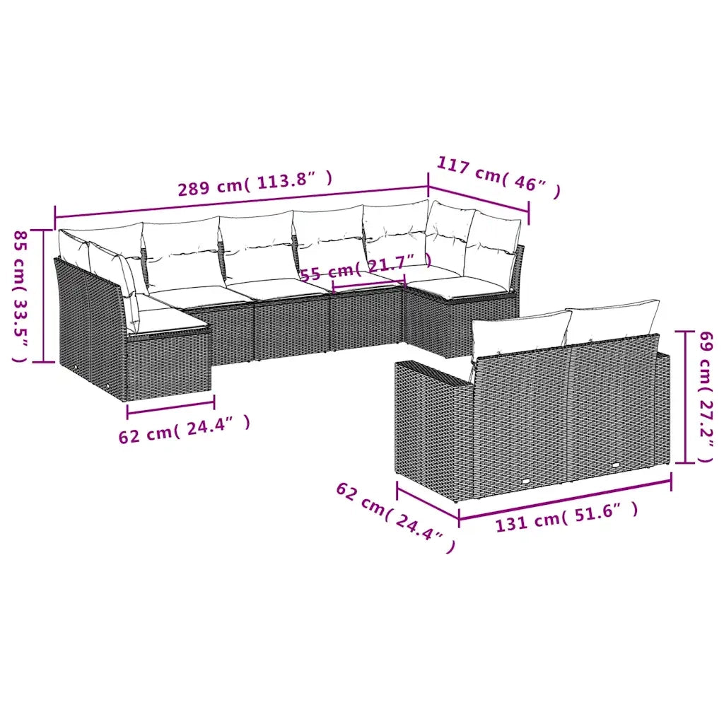 Set Divani da Giardino 9pz con Cuscini Marrone in Polyrattan