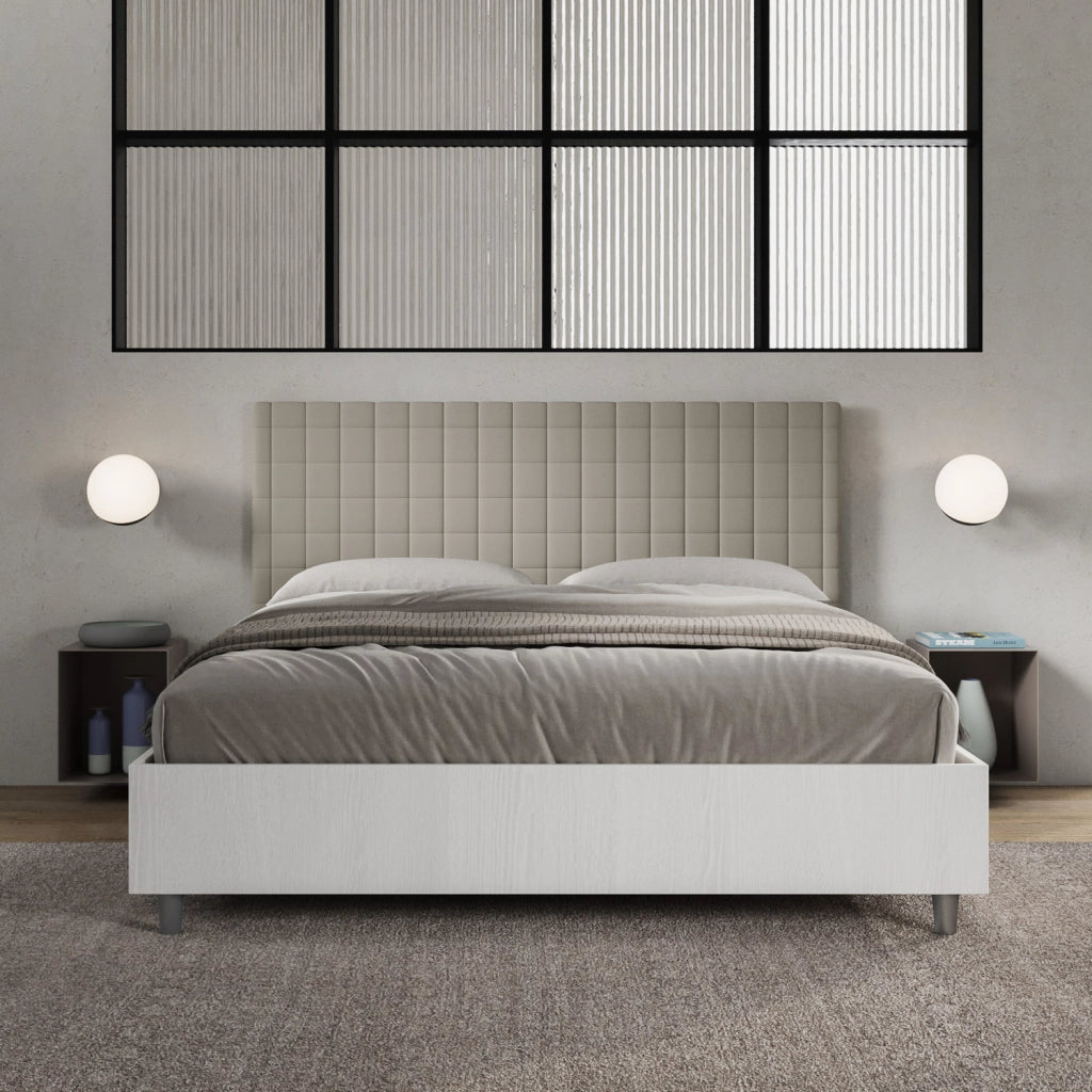 BS COM Letto matrimoniale senza rete 160x190 bianco frassino testata similpelle tortora