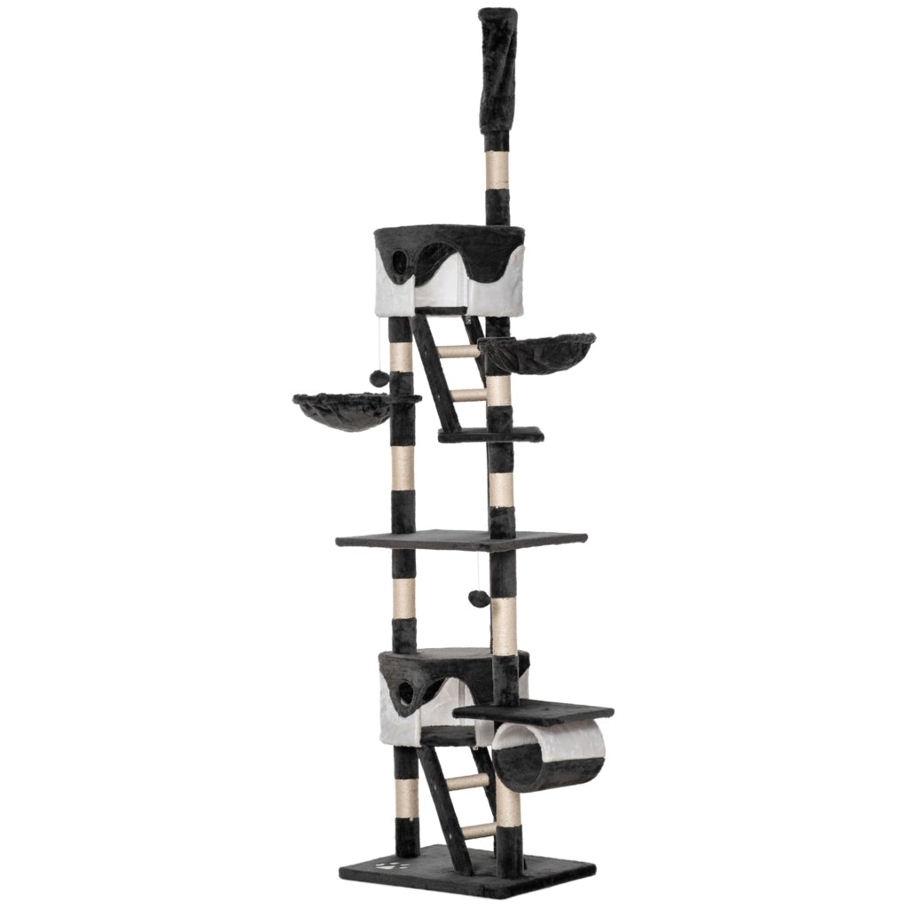 Albero Tiragraffi per Gatti Multilivello con Cucce e Amache ¨C Minimal ¨C Grigio Scuro e Bianco