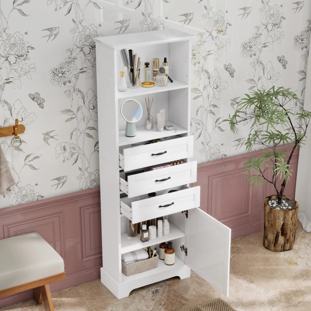 ARMADIO bagno 56 x 25,6 x 167 cm MDF bianco con 3 cassetti