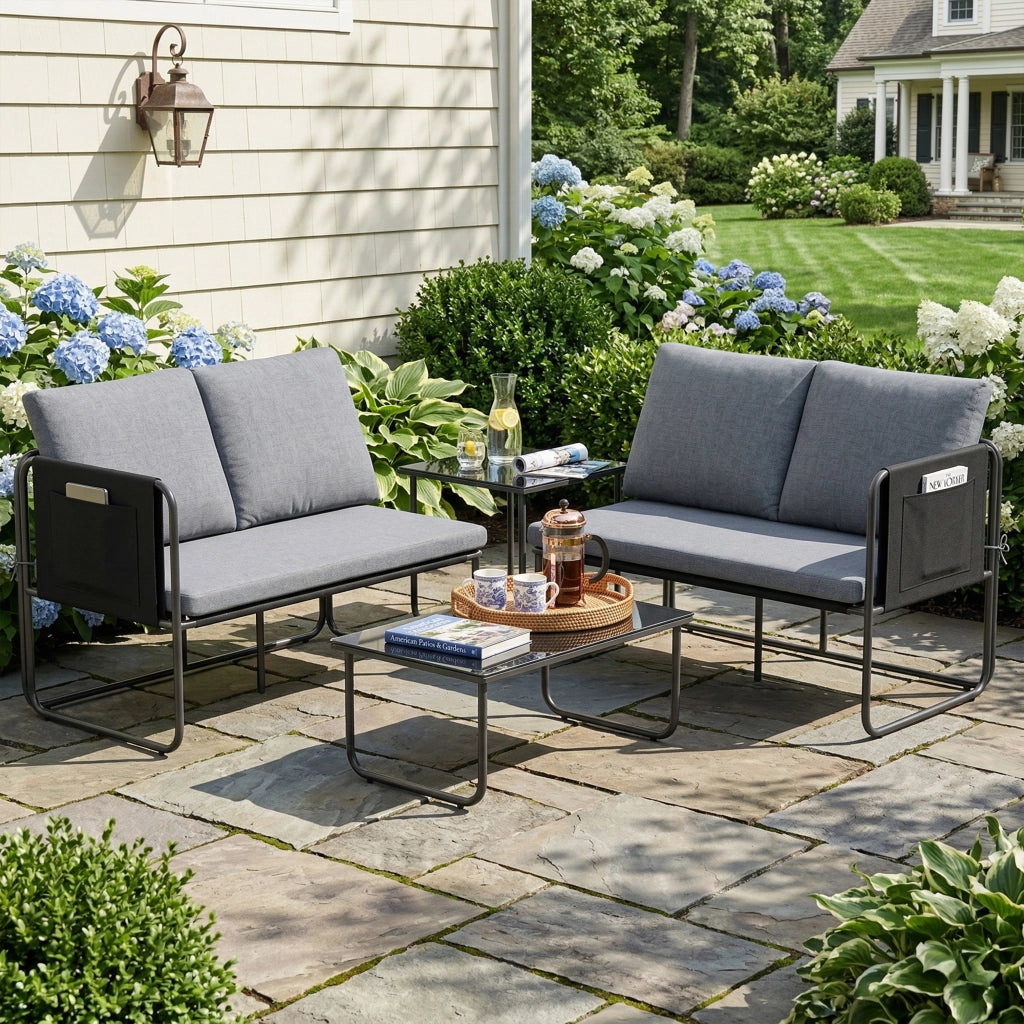 Set Giardino Esterno 4 Pezzi con 2 Divani 2 Posti 2 Tavoli in Vetro ¨C Minimal ¨C Grigio