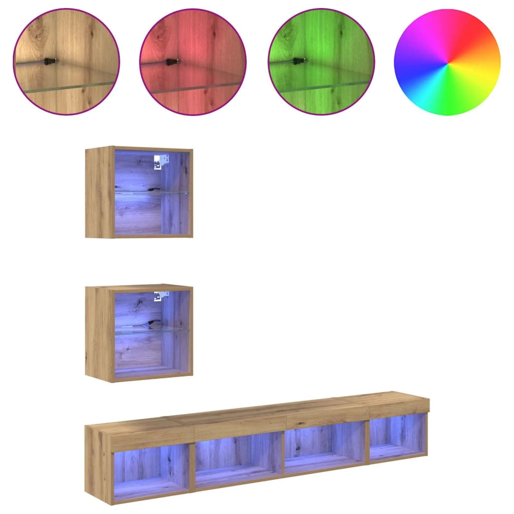 Unit¨¤ a muro per TV con LED con led 5 pz | Armadietto TV | Mobile Porta TV Rovere artigianale