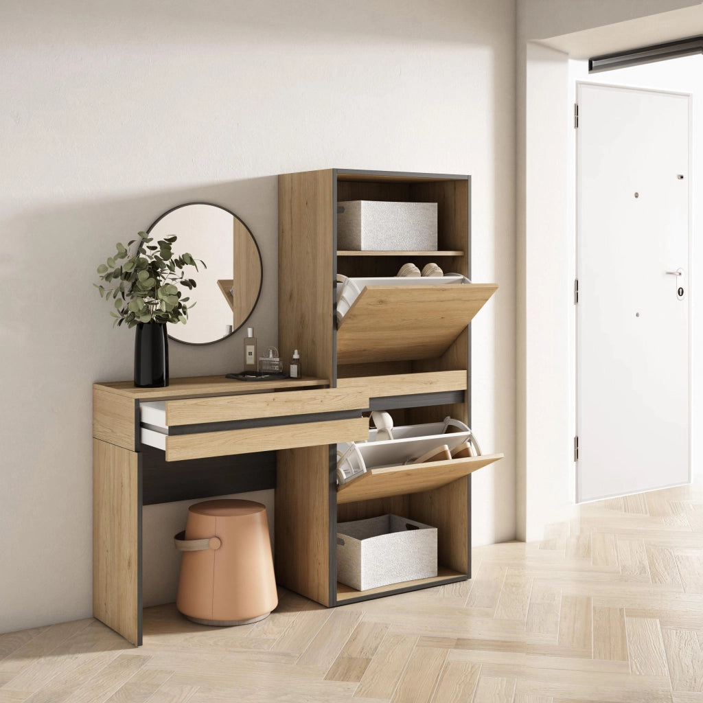 Consolle Ingresso, 130x35x145cm, Con cassetto, Scarpiera, colore Rovere RF3448