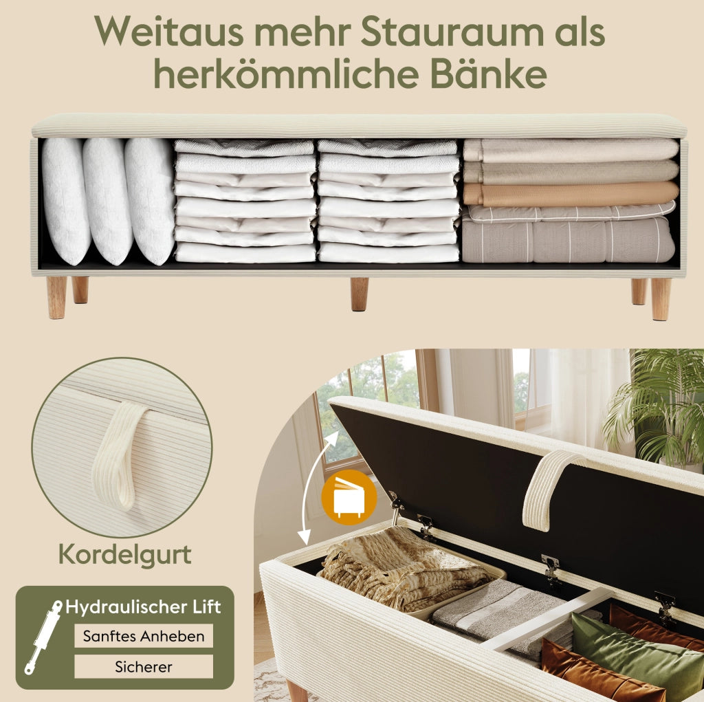Letto 140x200 cm con contenitore e LED in legno e corduroy beige