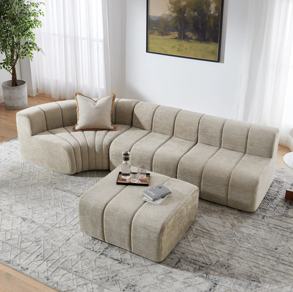 Divano angolare modulare componibile in chenille marrone; 4 posti; con moduli multifunzione