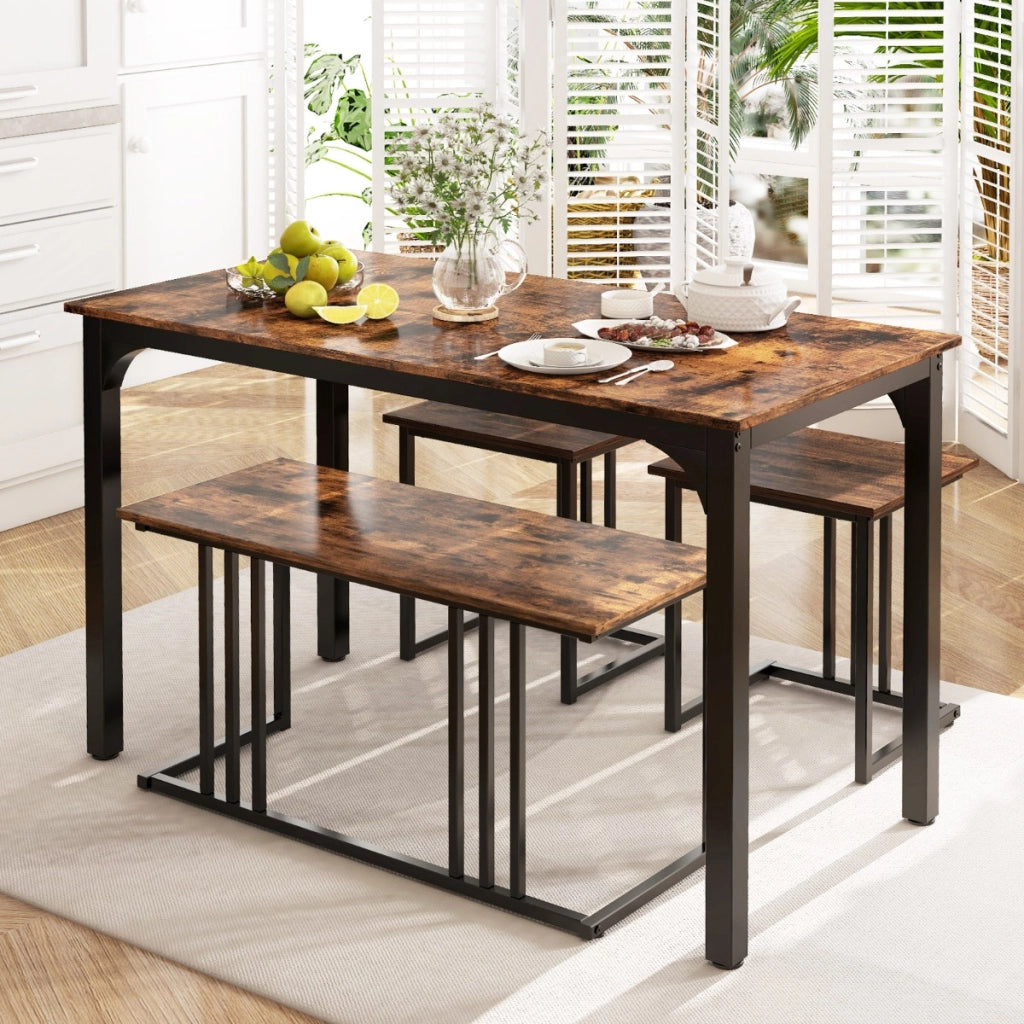 Set di tavolo da pranzo da 4 pezzi per 4 persone, Tavolo da cucina con panca e 2 sgabelli con struttura in metallo Marrone-Tavoli e sedie da pranzo