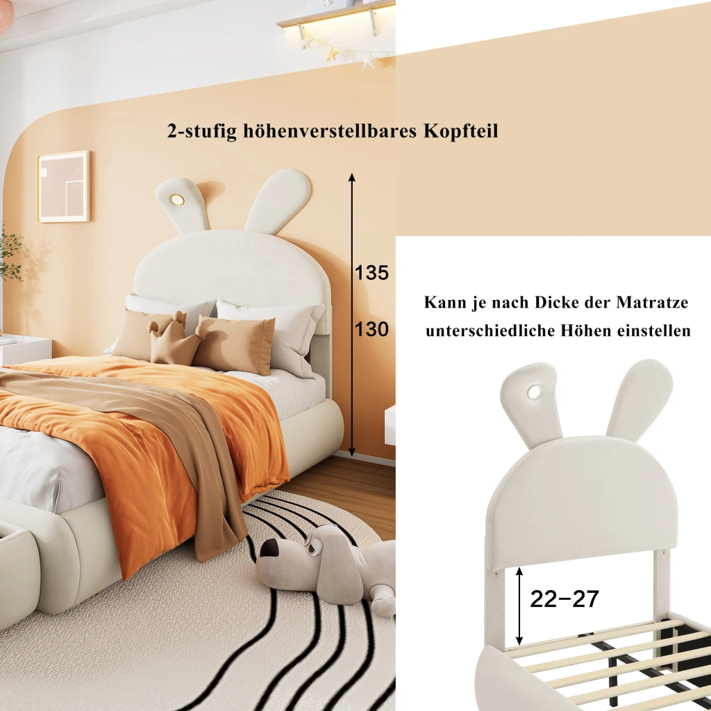 LETTO Singolo 90x200 cm in velluto beige con 2 pouf contenitore e luci LED