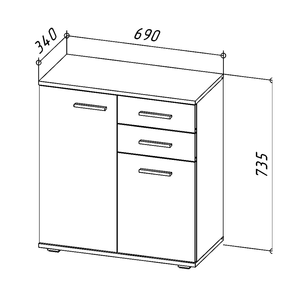 Commode FAUSKE - 2 Cassetti - 2 Porte - Quercia Sonoma - Bianco - Larghezza 69 cm, Altezza 74 cm, Profondit? 34 cm