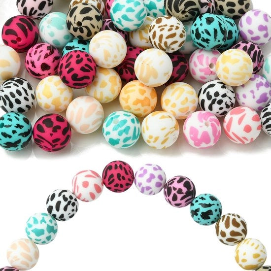 Accessori in silicone 50 pz a tema leopardo con 15mm di diametro, con forma rotonda, in stile chunky, colore bubblegum, per DIY, collane, bracciali, borse, telefoni, chiavi e decorazioni.