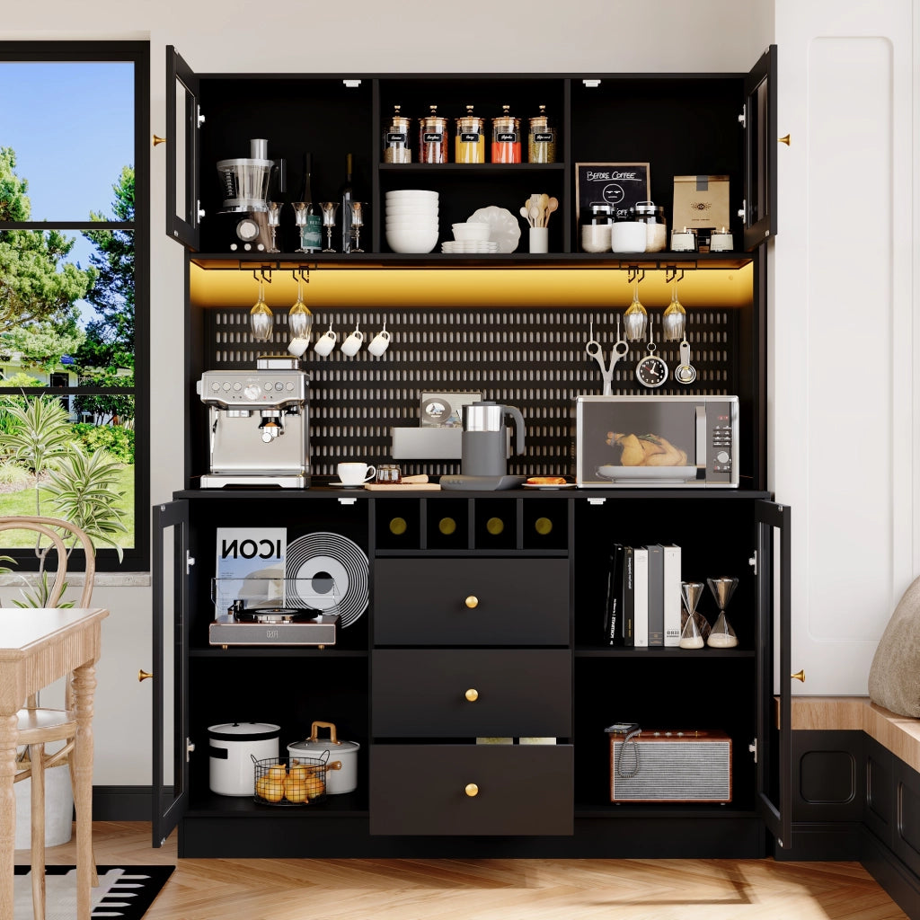 Armadio Alto da Cucina con Luce LED, Ripiani e Portabottiglie ¨C Xylo ¨C Nero