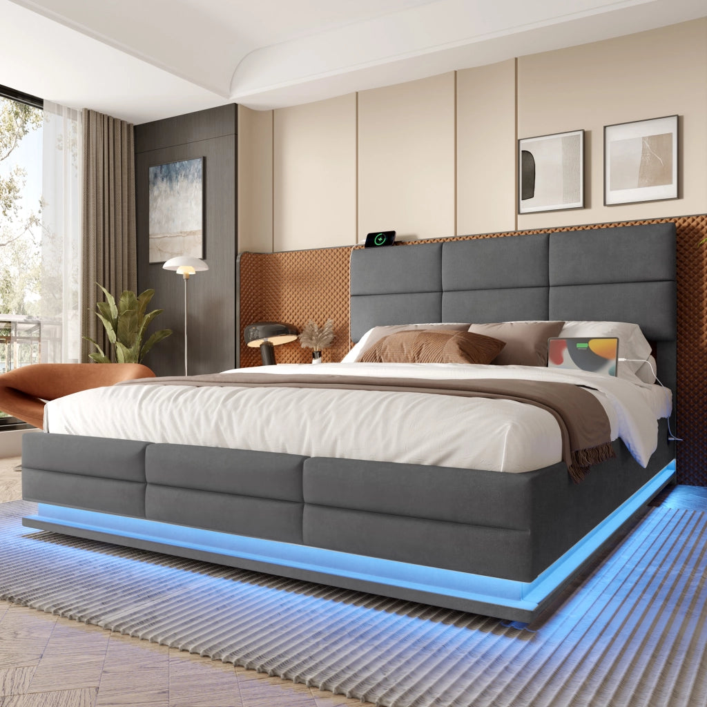 Letto Matrimoniale 180x200 cm con LED; USB; Type-C e contenitore; testiera regolabile