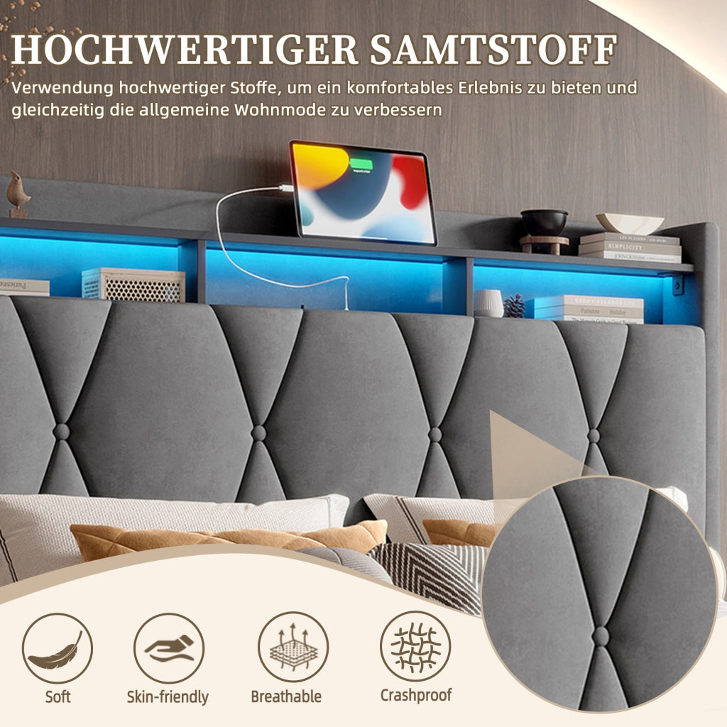 LETTO Imbottito 160x200 cm in velluto grigio con LED, USB e vano contenitore
