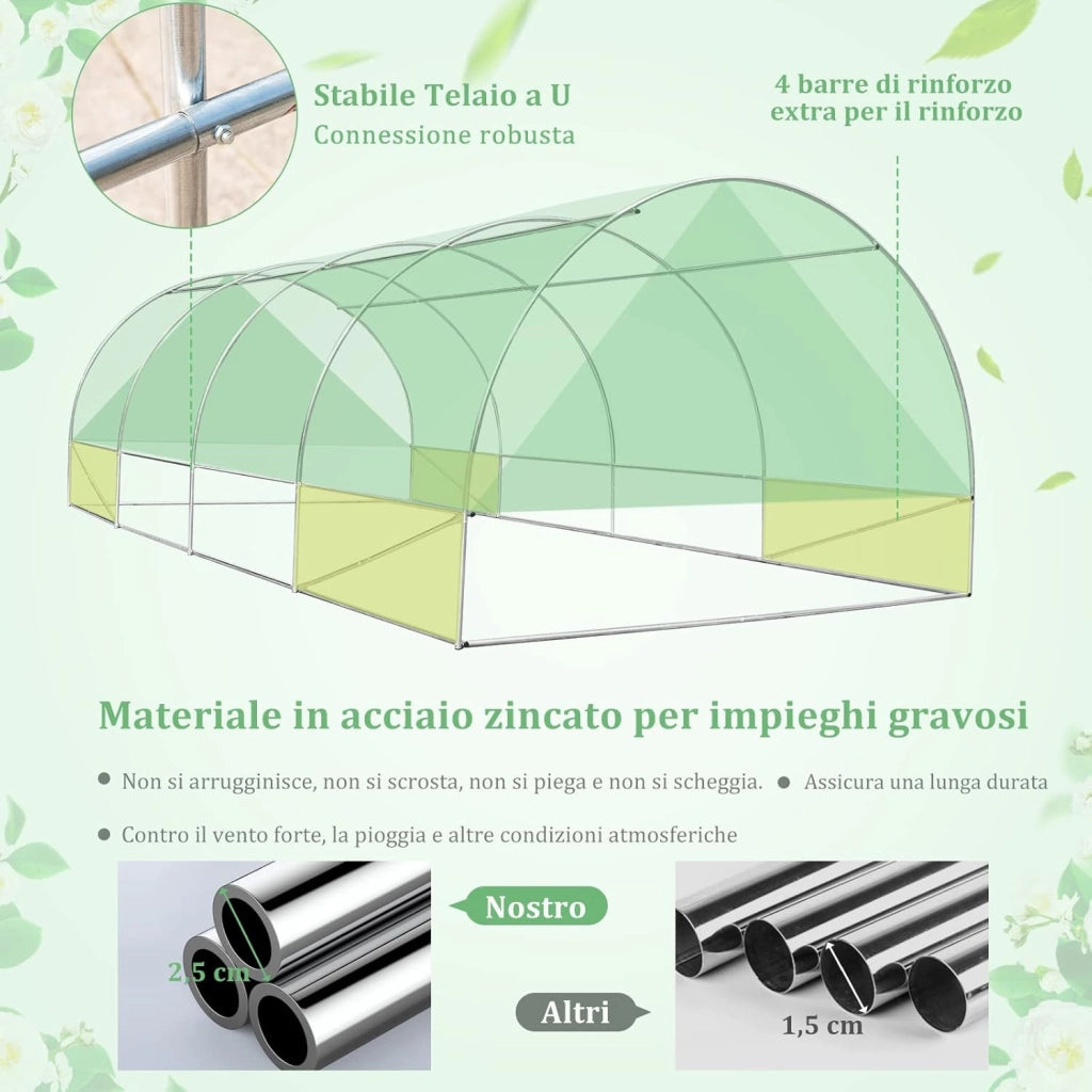 Serra da Giardino 600 x 300 x 200 cm, Serra Tunnel per Orto e Piante con Copertura Resistente, Struttura Robusta in Acciaio Zincato, 10 Finestre Avvolgibili e 2 Porte con Cerniera