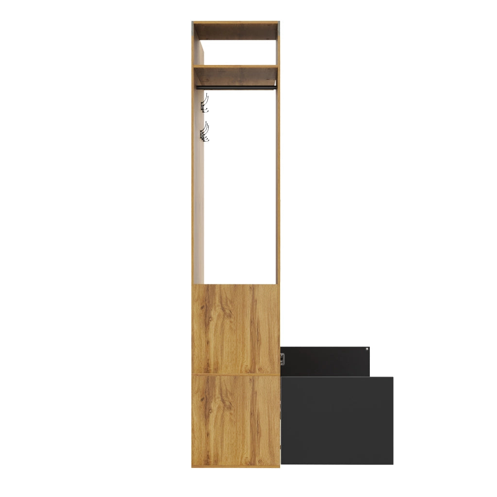 Set guardaroba da ingresso con specchio, 5 ganci appendiabiti, scarpiera e panca, 191x100x38 cm, nero e naturale