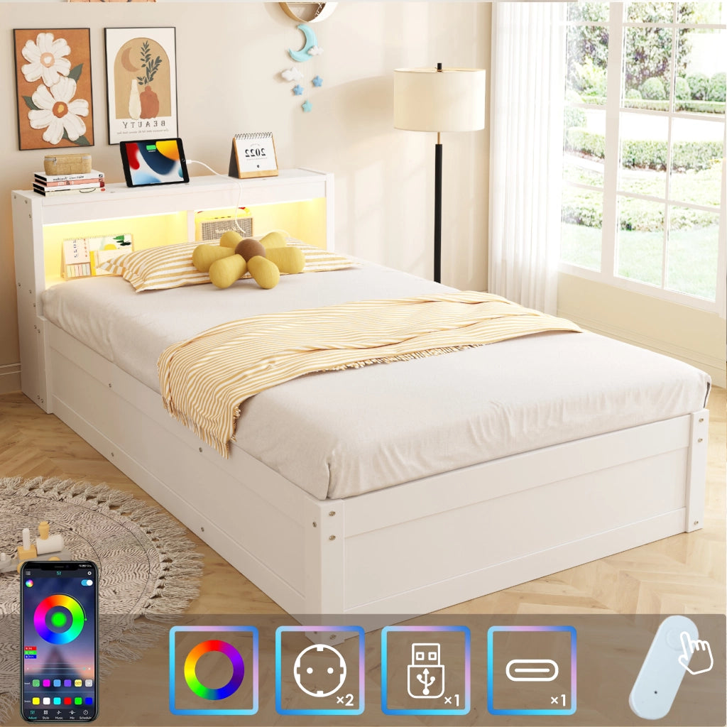 LETTO Multifunzionale 90x200 cm MDF Bianco con presa e LED