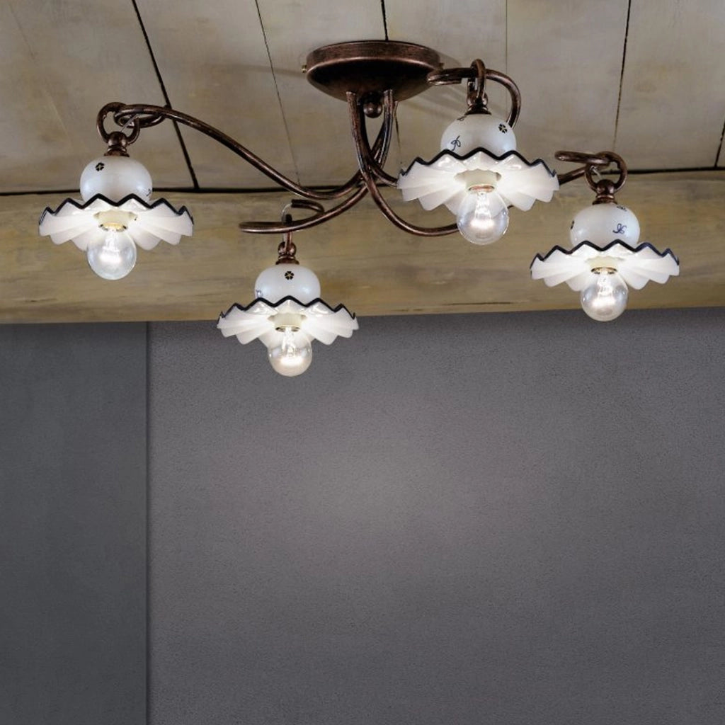 Plafoniera Classica Roma Metallo E Ceramica Nero Sfumato Rame 4 Luci E14