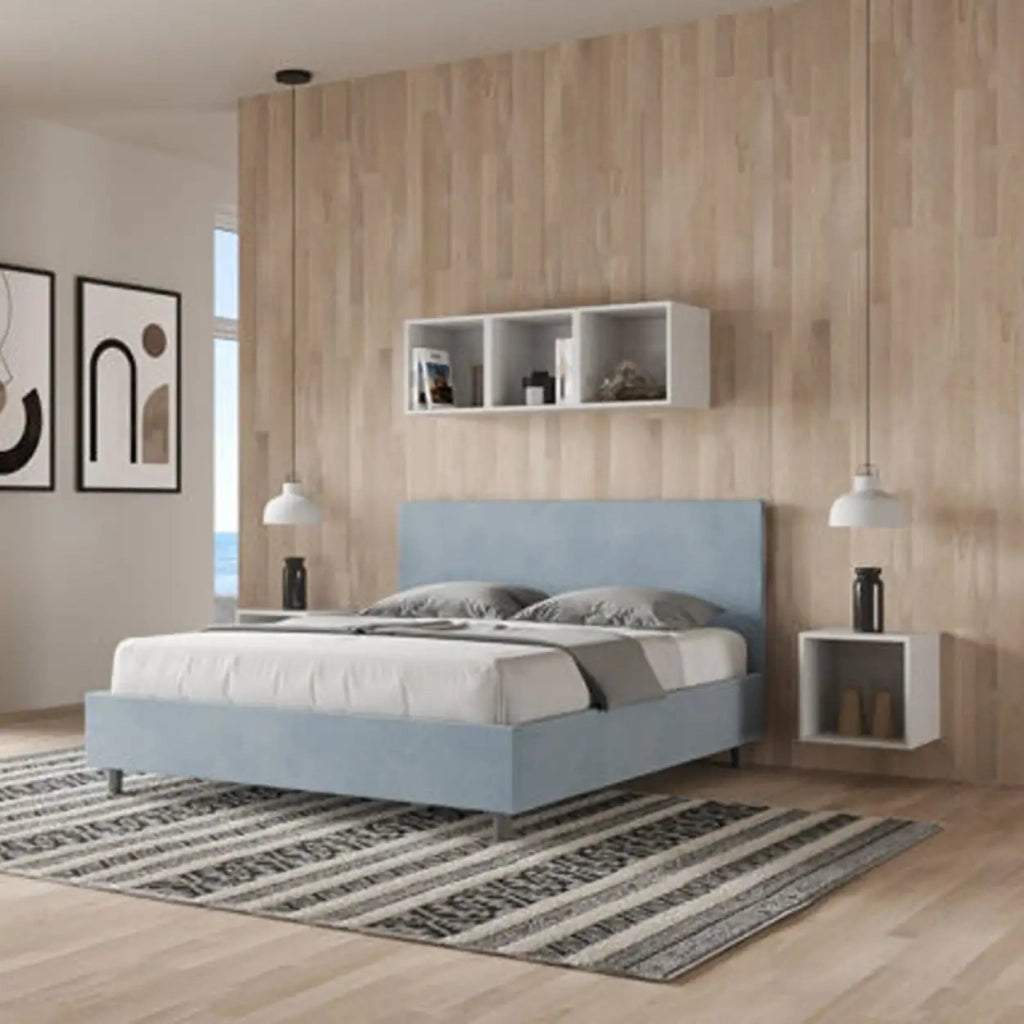 Letto matrimoniale senza rete imbottito 160x200 microfibra azzurro Adele