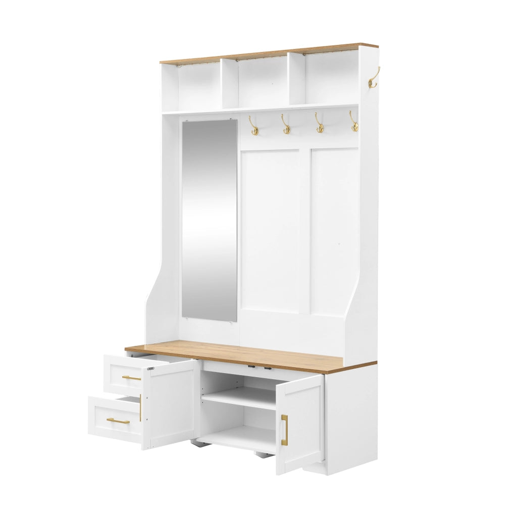 OKWISH Mobile da Ingresso con 2 Ante e 2 Cassetti, Specchio, Ganci, LED e Seduta, per Ingresso, MDF, Bianco e Legno, 120×40×187 cm