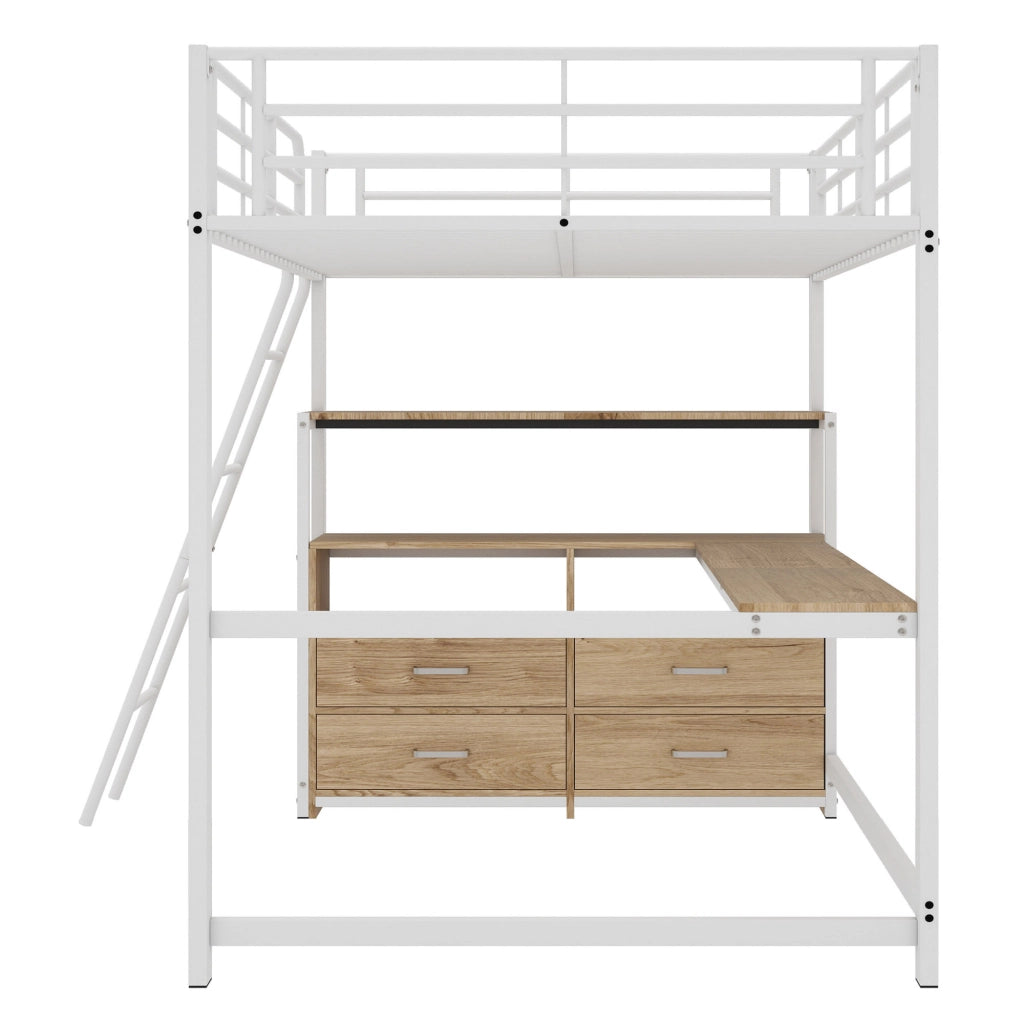 LETTO A CASTELLO 140x200 cm con scrivania a L, cassetti, MDF e metallo, bianco