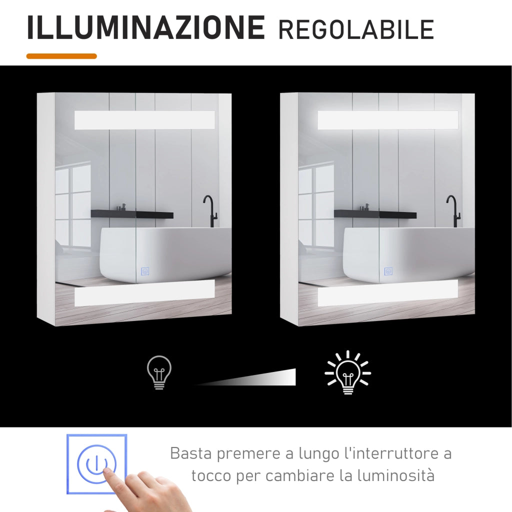 Pensile da Bagno con Specchio e LED ¨C Xylo ¨C 1 Anta, 2 Ripiani, MDF Bianco 60x50x15cm