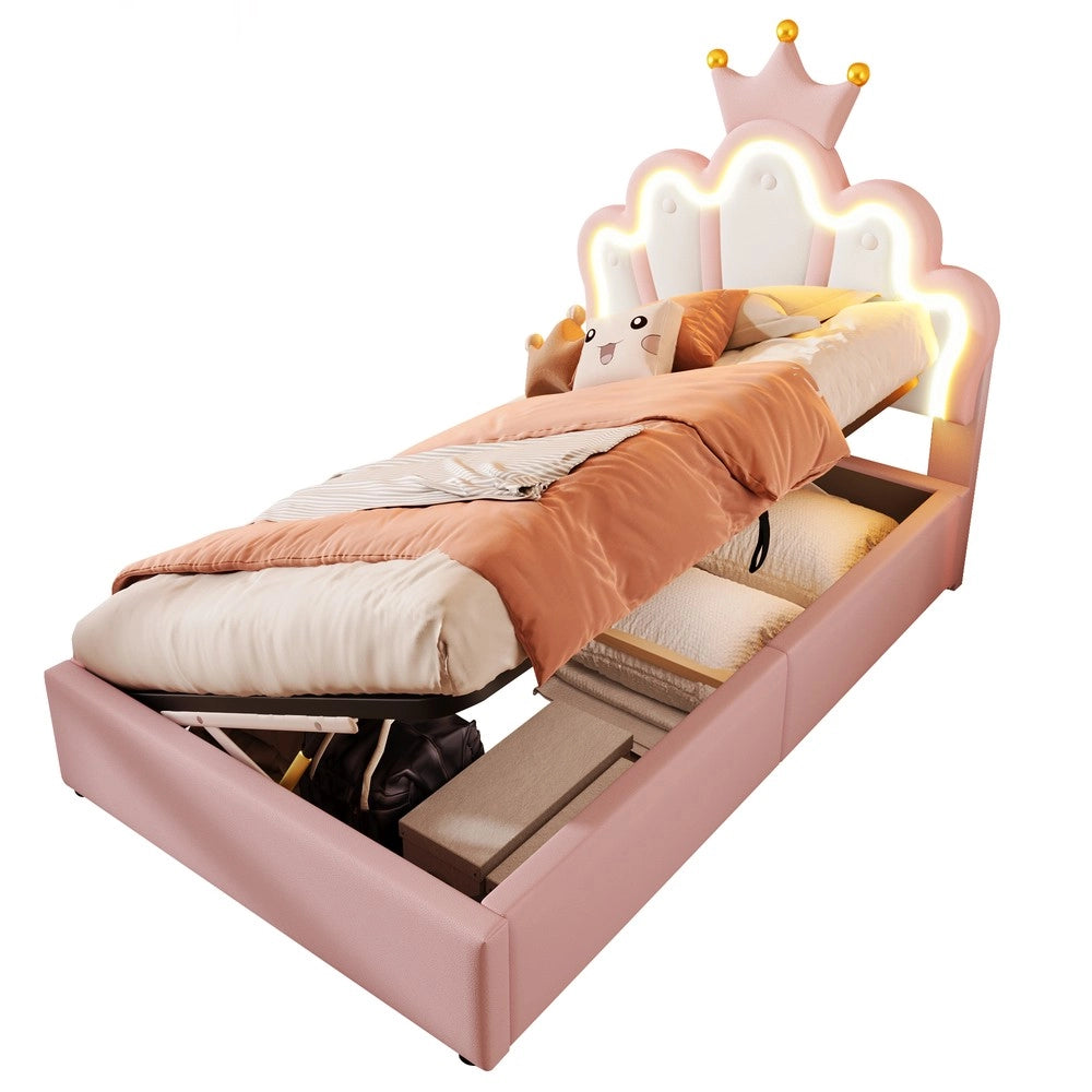 Letto Imbottito con LED e Alzata Idraulica ¨C MINIMAL ¨C Rosa, PU, 90x200
