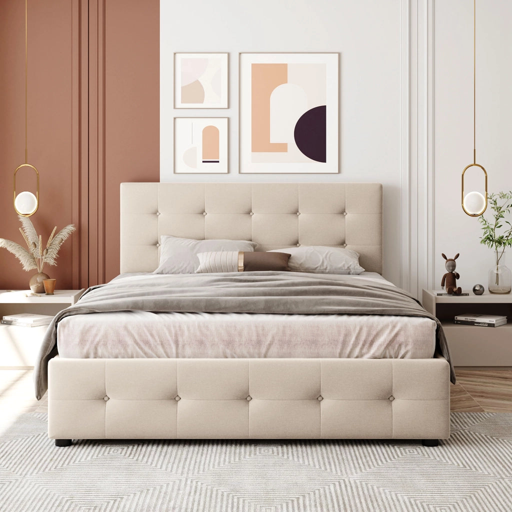 Letto Imbottito Matrimoniale con Cassetti e Rete ¨C MINIMAL ¨C Velluto Beige 140x200