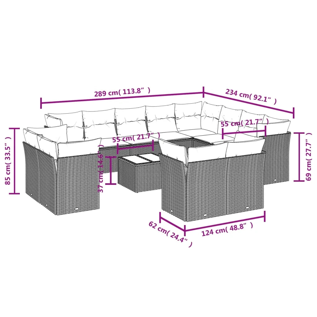 Set Divani da Giardino 13pz con Cuscini Nero in Polyrattan