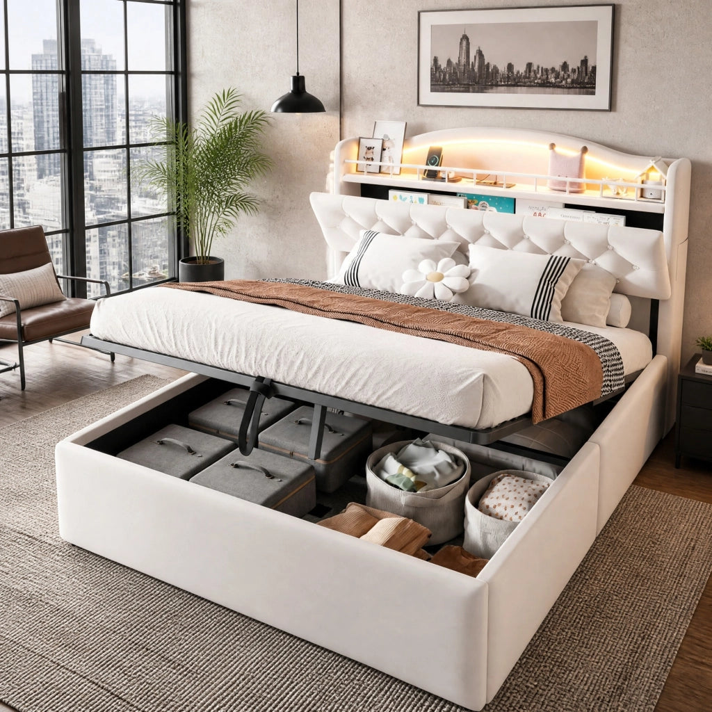 LETTO Contenitore 140x200 cm Beige in tessuto e metallo con LED, USB e USB-C