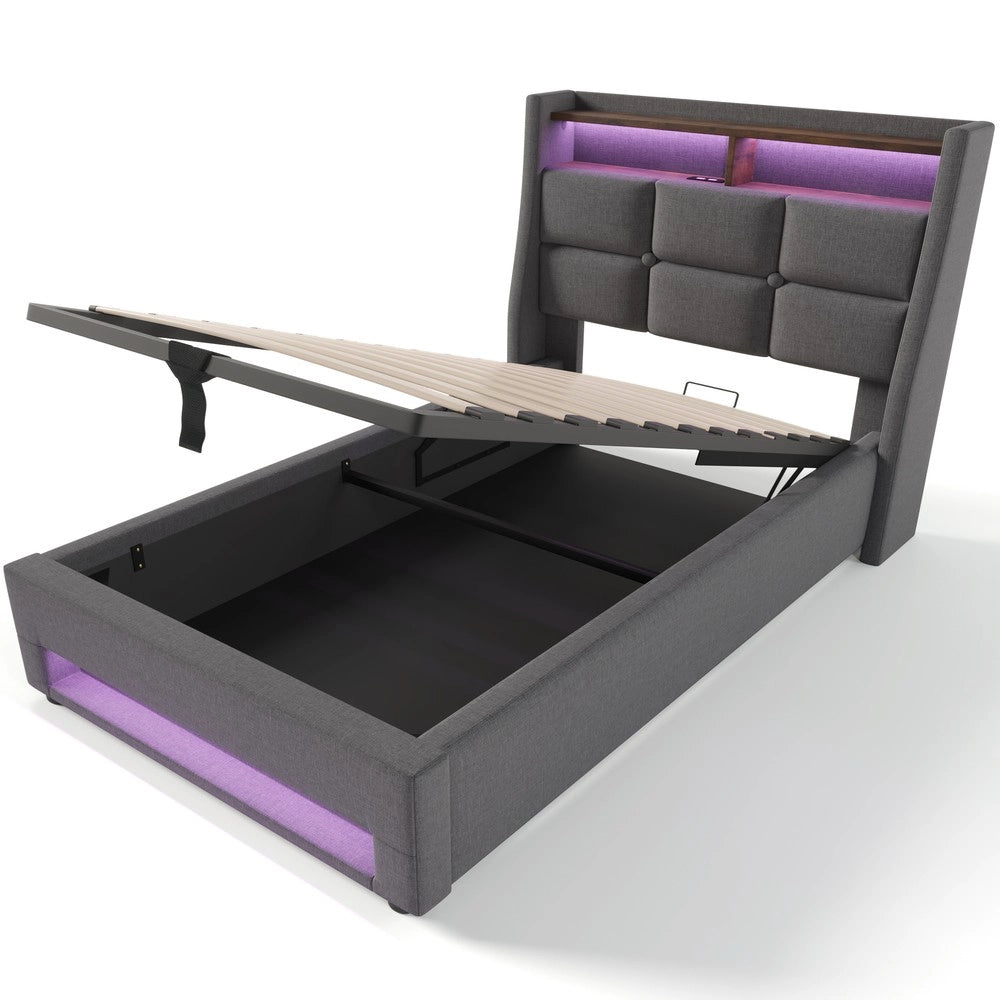 Letto Singolo Imbottito con LED e Rete a Doghe ¨C MINIMAL ¨C Tessuto Lino, 90x200