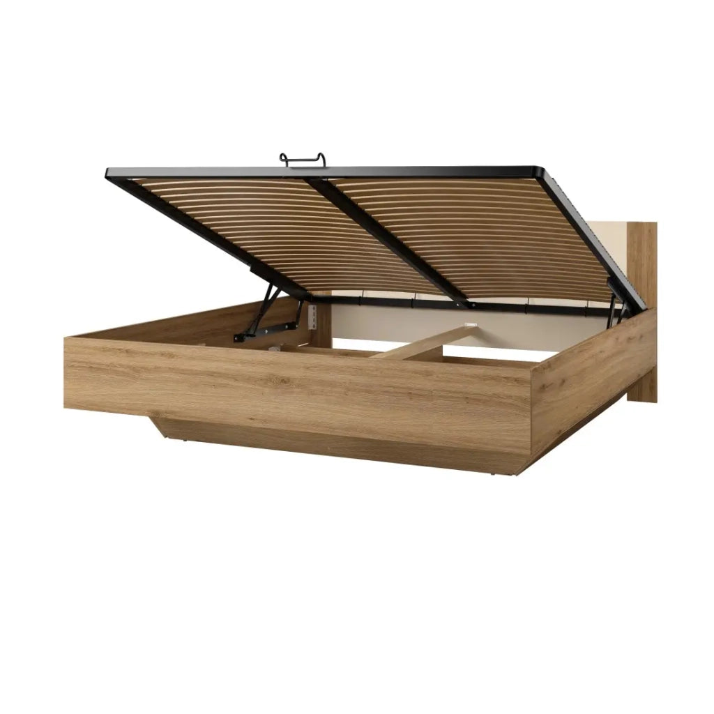 Camera completa VERTIGO – Letto contenitore 160x200, 2 comodini, armadio a 3 ante, cassettiera + cornice design