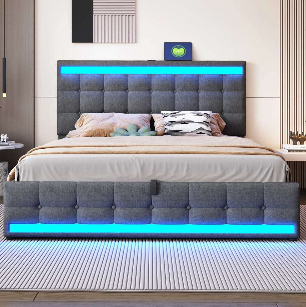 Letto matrimoniale imbottito 180x200 cm con LED RGB; USB e testiera regolabile; grigio