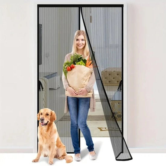 Gordino a rete 120x210cm, tessuto extra denso, tenda a magneti contro insetti e zanzare, con adesivo e striscia magnetica, chiusura automatica, nero.