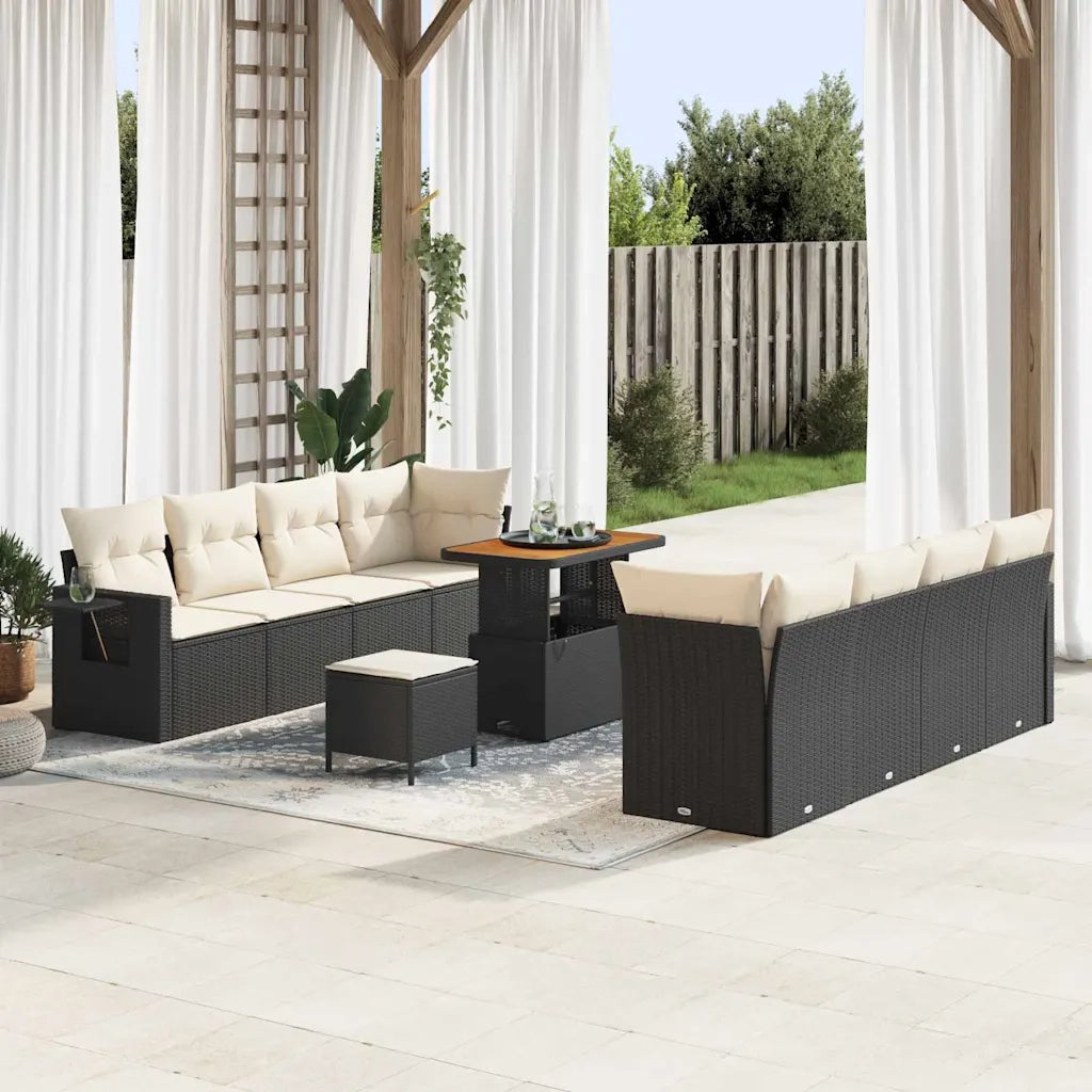 Set Divano da Giardino 11 pcs Nero e Crema polyrattan