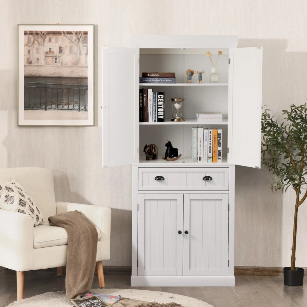 Mobile dispensa da cucina alto 183cm con ripiani regolabili 2 ante e cassetto, Mobile credenza da soggiorno Bianco