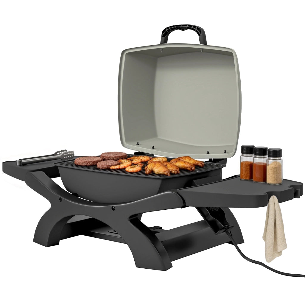 barbecue elettrico 2300W, portatile da tavolo con ripiani laterali, colore nero.