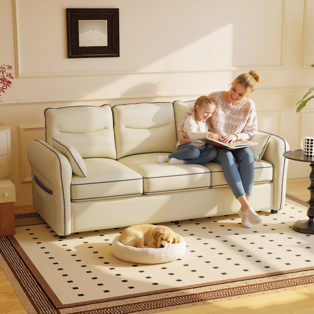 Divano 3 Posti in Similpelle Beige con Cuscini ¨C Minimal ¨C 190x83x90 cm