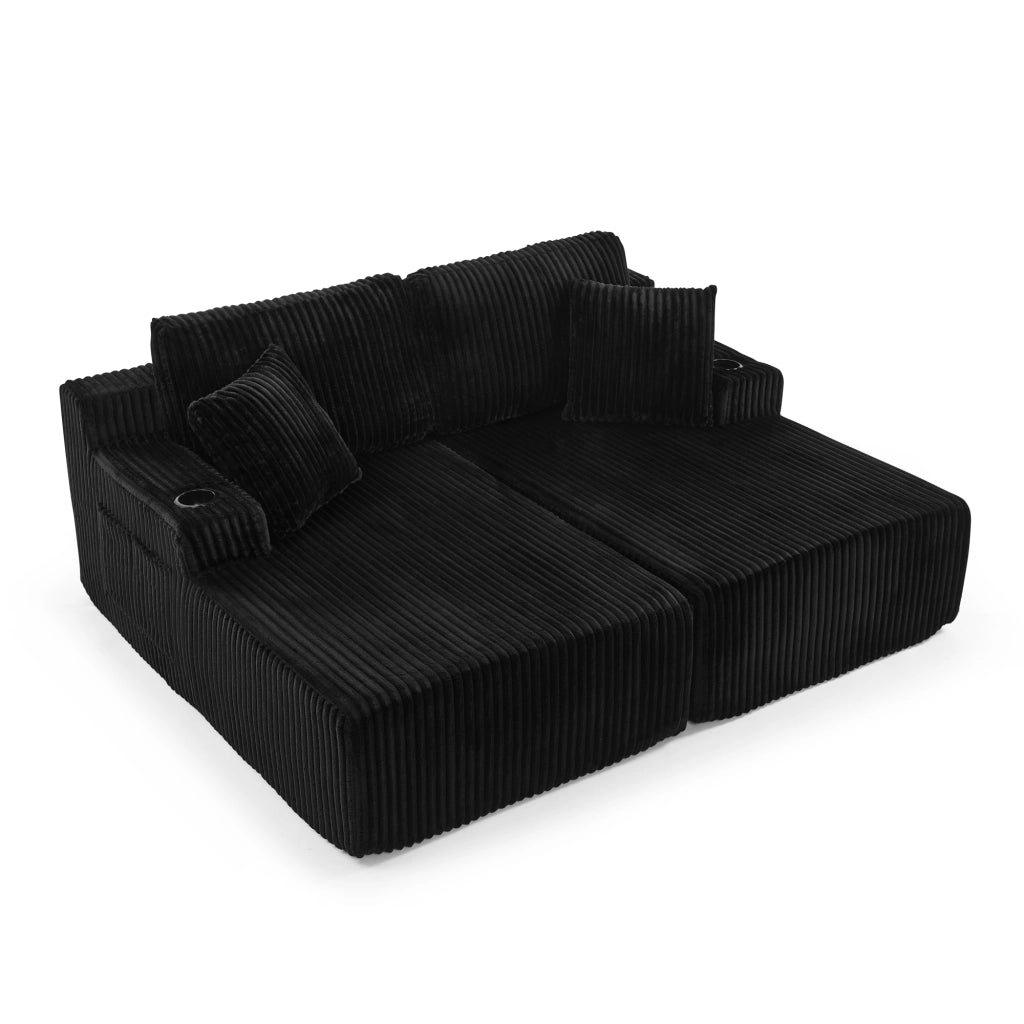 Divano Letto 2 Posti Relax ¨C MINIMAL ¨C Nero, Tessuto a Coste, con Cuscini