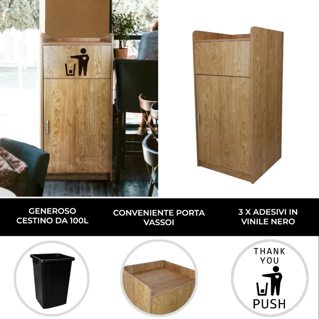 Contenitore Pattumiera Svuota Vassoi in Legno di Quercia Commerciale Capacità 100L