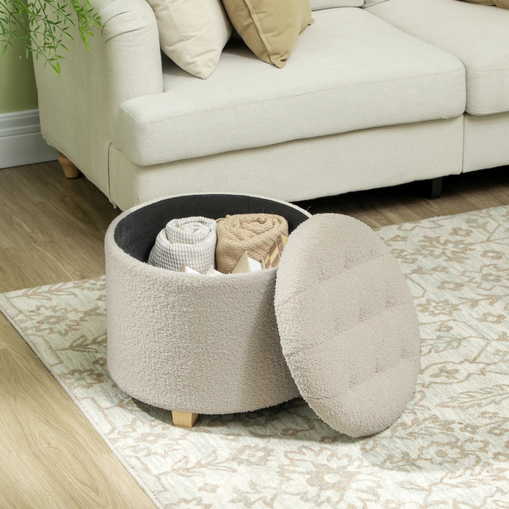 Pouf rotondo con contenitore e coperchio ¨C Zephmum ¨C Gambe in legno, crema