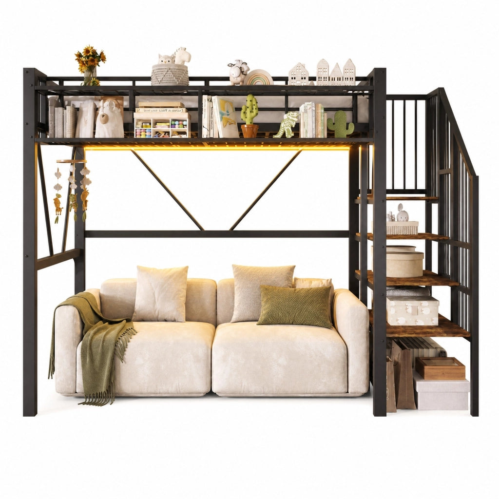 Letto a soppalco 90x200 cm in metallo e MDF con scala contenitore; LED; nero