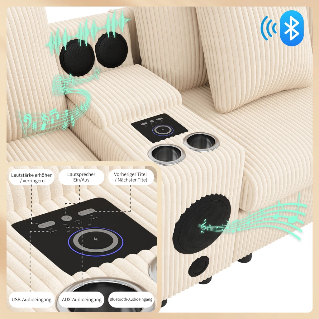 Divano modulare a U e a L - con console Bluetooth e porta bicchieri - in cord beige