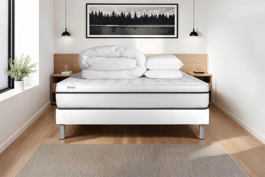 Pacchetto letto completo - Materasso 180x200cm + Box spring con doghe (kit) + 2 cuscini + Piumino - Vital Spa