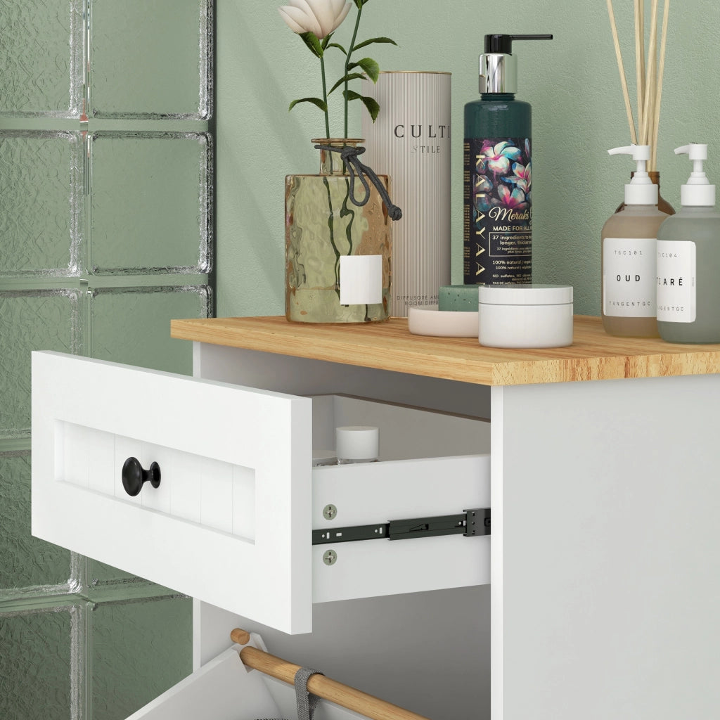 Mobiletto Bagno con Cesto e Cassetto ¨C Zephmum ¨C Bianco Legno