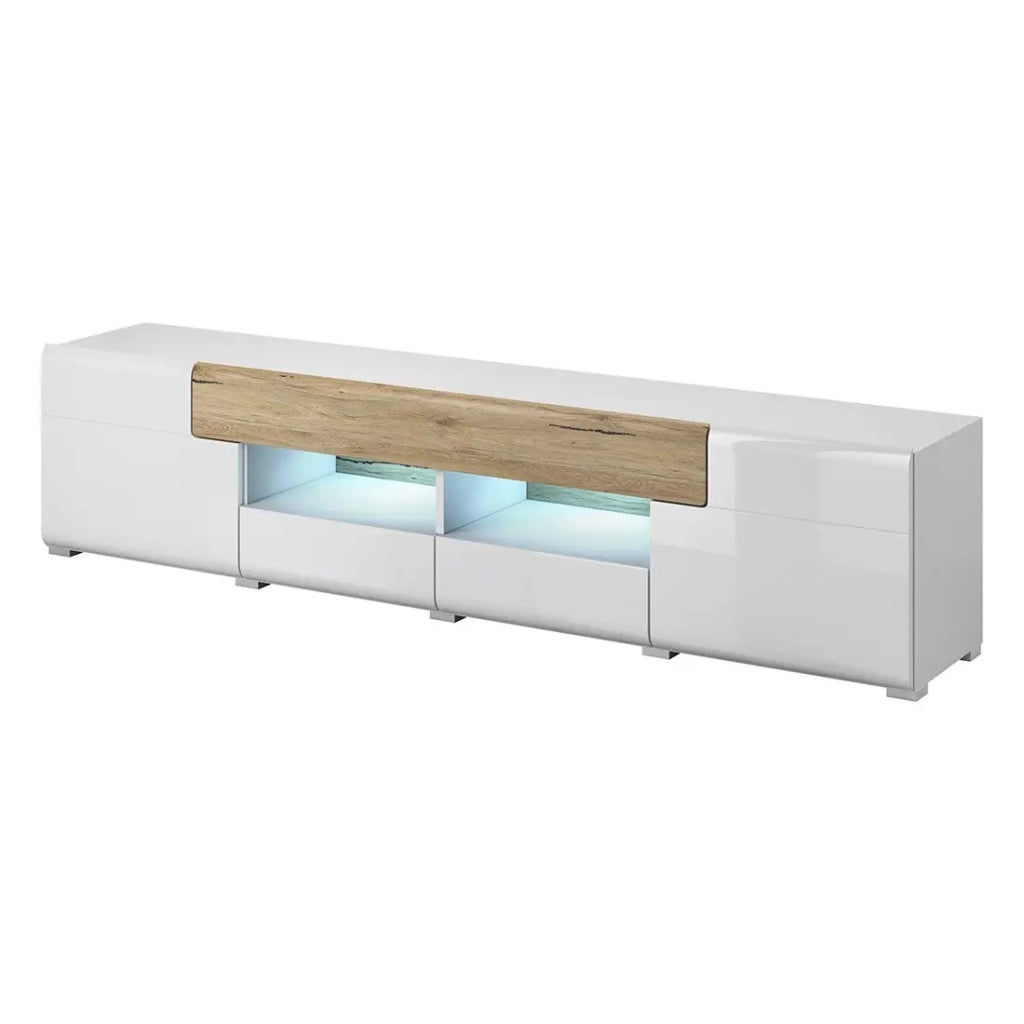 Mobile TV 210cm collezione OHIO. Colore bianco e finiture in quercia.