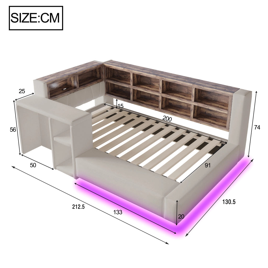 Letto Singolo 90x200 cm - Mensole; Prese e LED Regolabile - Imbottito - Grigio Chiaro