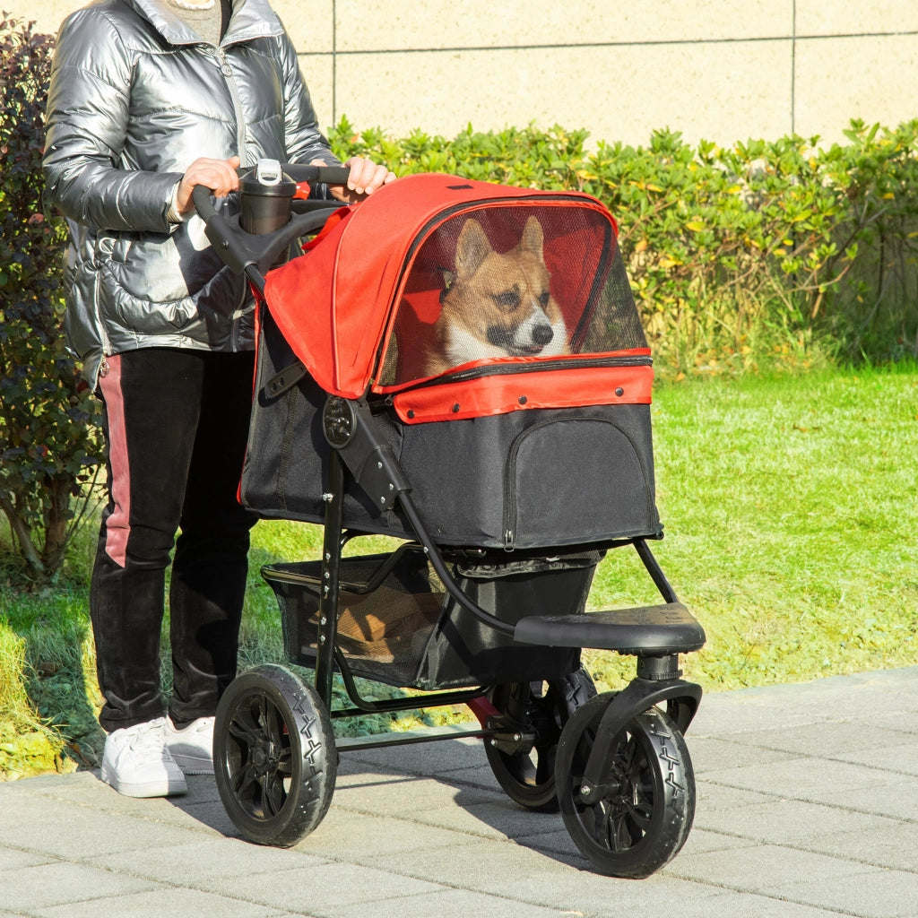 Passeggino per Cani a 3 Ruote ¨C Xylo ¨C con Finestre in Rete, Cestino Portaoggetti e Cinture di Sicurezza, 109,5x57,5x106,5 cm, Rosso